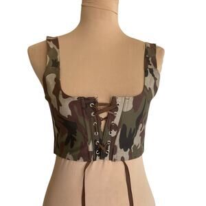 Camoflage Corset Ribbon Lacing Bustier M Metal Buckles Edgy Tough Flirty Grunge